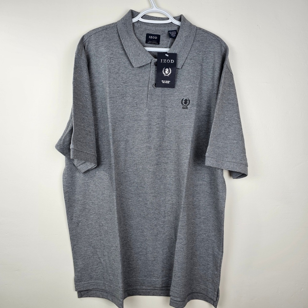 IZOD Polo Shirt Mens XXL Grey Solid Crested P Silk Wash Short Sleeve